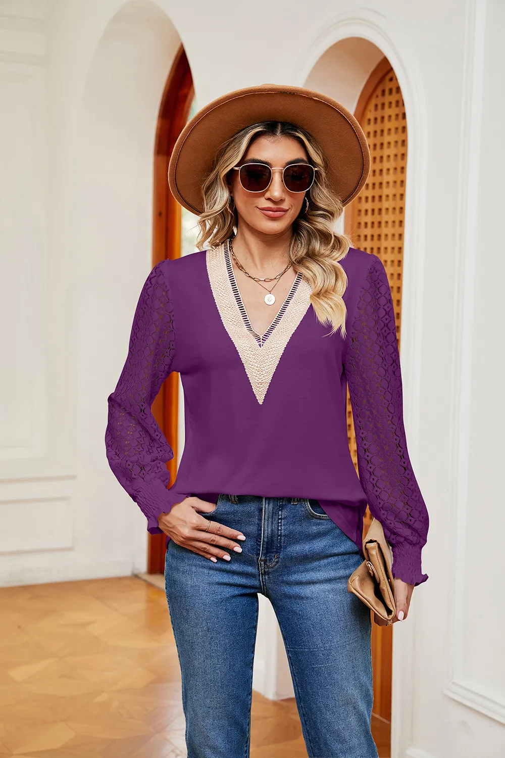 Contrast V-Neck Long Sleeve Blouse, image 18