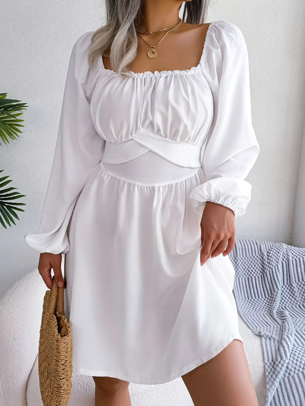 Tied Square Neck Balloon Sleeve Dress, image 11