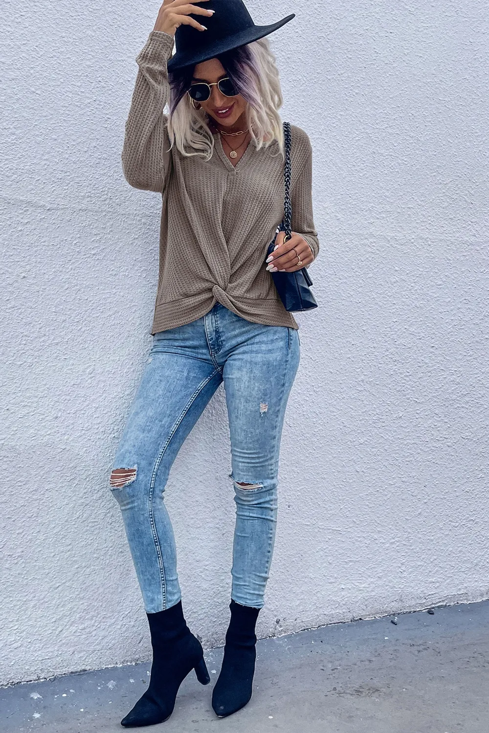 Twist Front Long Sleeve Waffle Knit Top, image 8