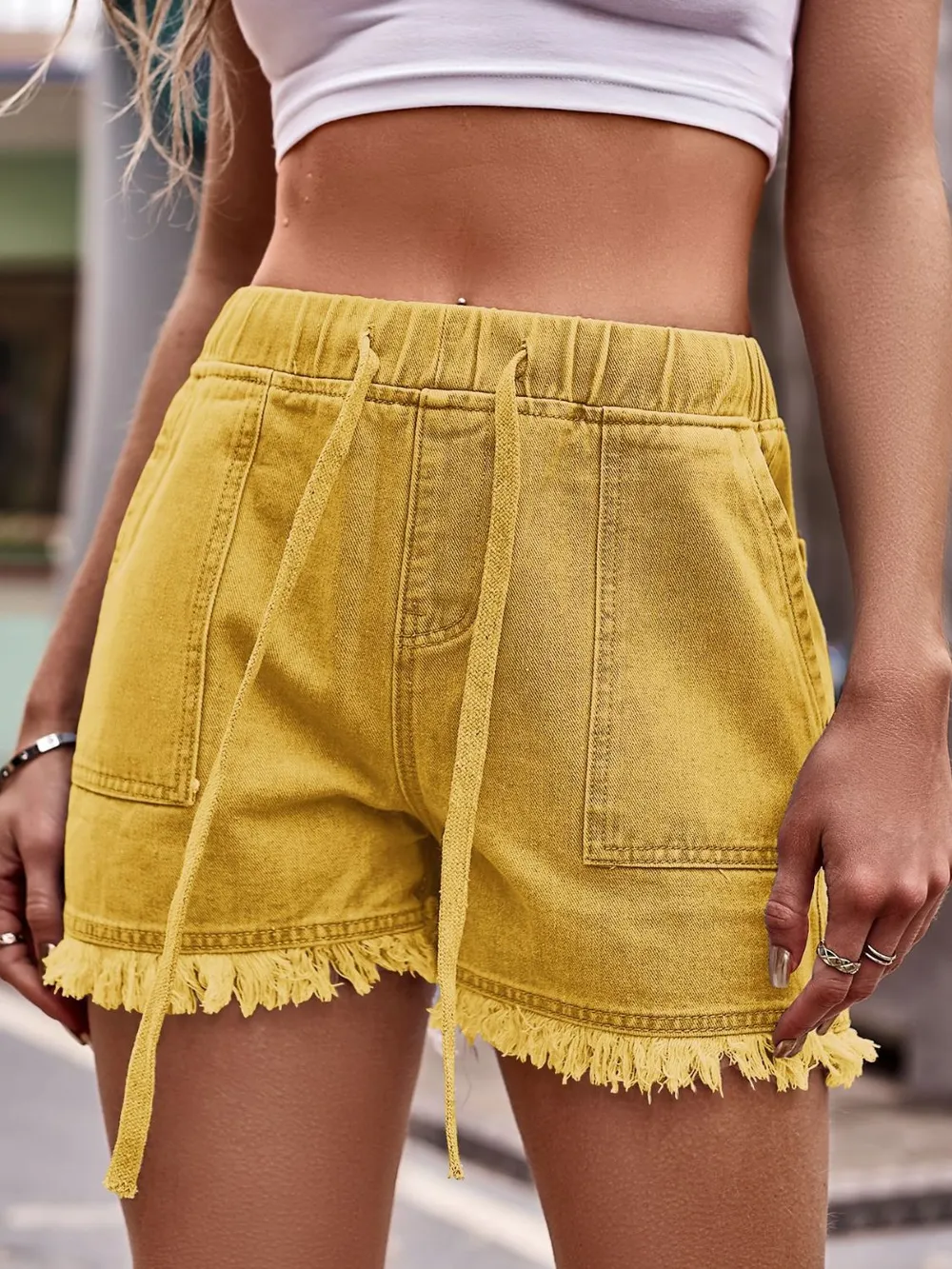 Drawstring Raw Hem Denim Shorts, image 25