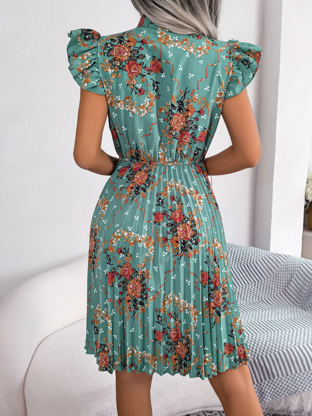 Pleated Floral Printed Tie Neck Knee Length Dress, image 7