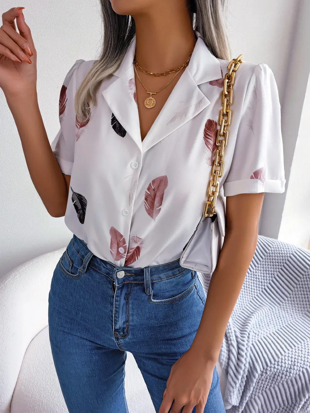 Feather Print Lapel Collar Puff Sleeve Shirt, image 2