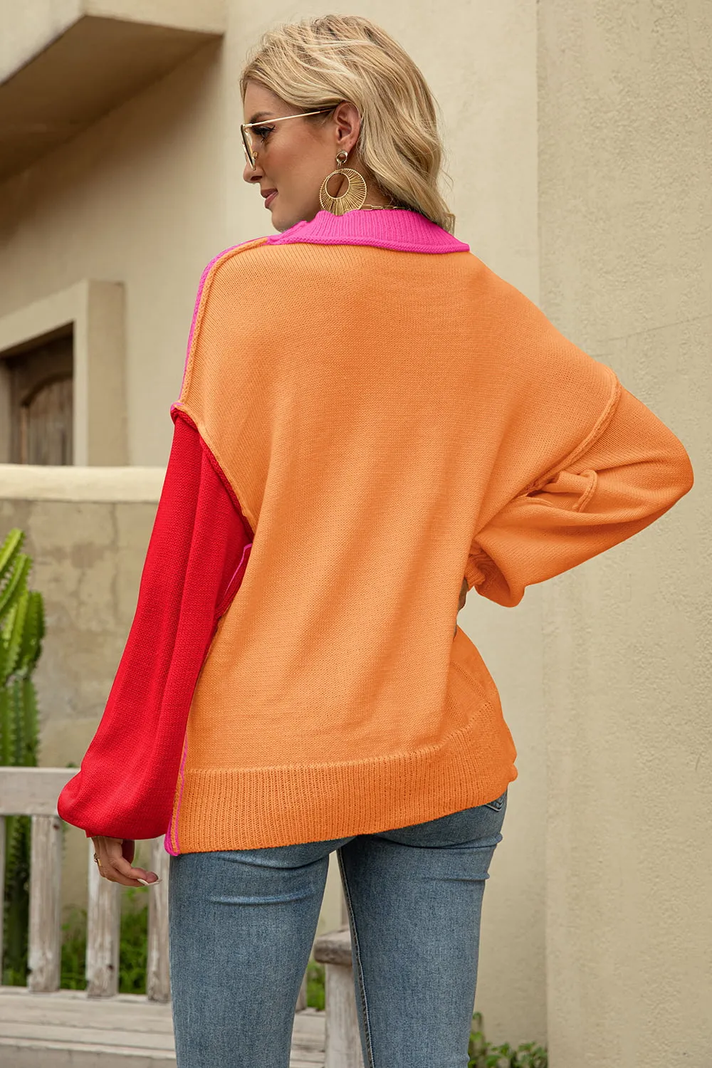 Color Block Round Neck Dropped Shoulder Sweater, image 2