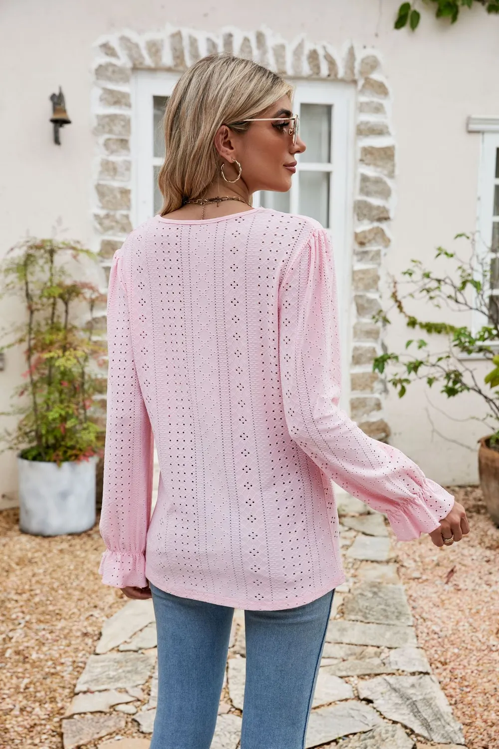 Eyelet Lace Trim Flounce Sleeve Blouse, image 19