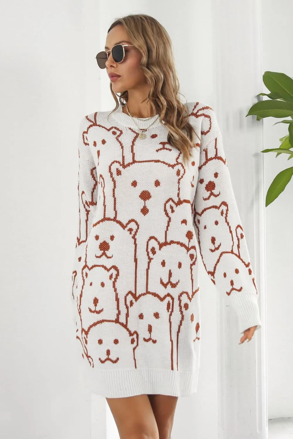 Bear Pattern Round Neck Sweater Dress, image 6