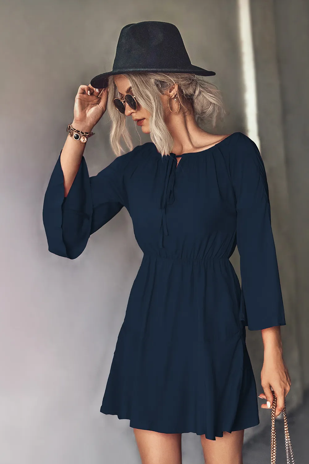Tie Neck Flare Sleeve Mini Dress, image 9