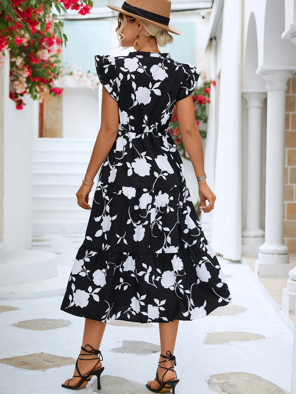 Floral Frill Trim V-Neck Tiered Midi Dress, image 8