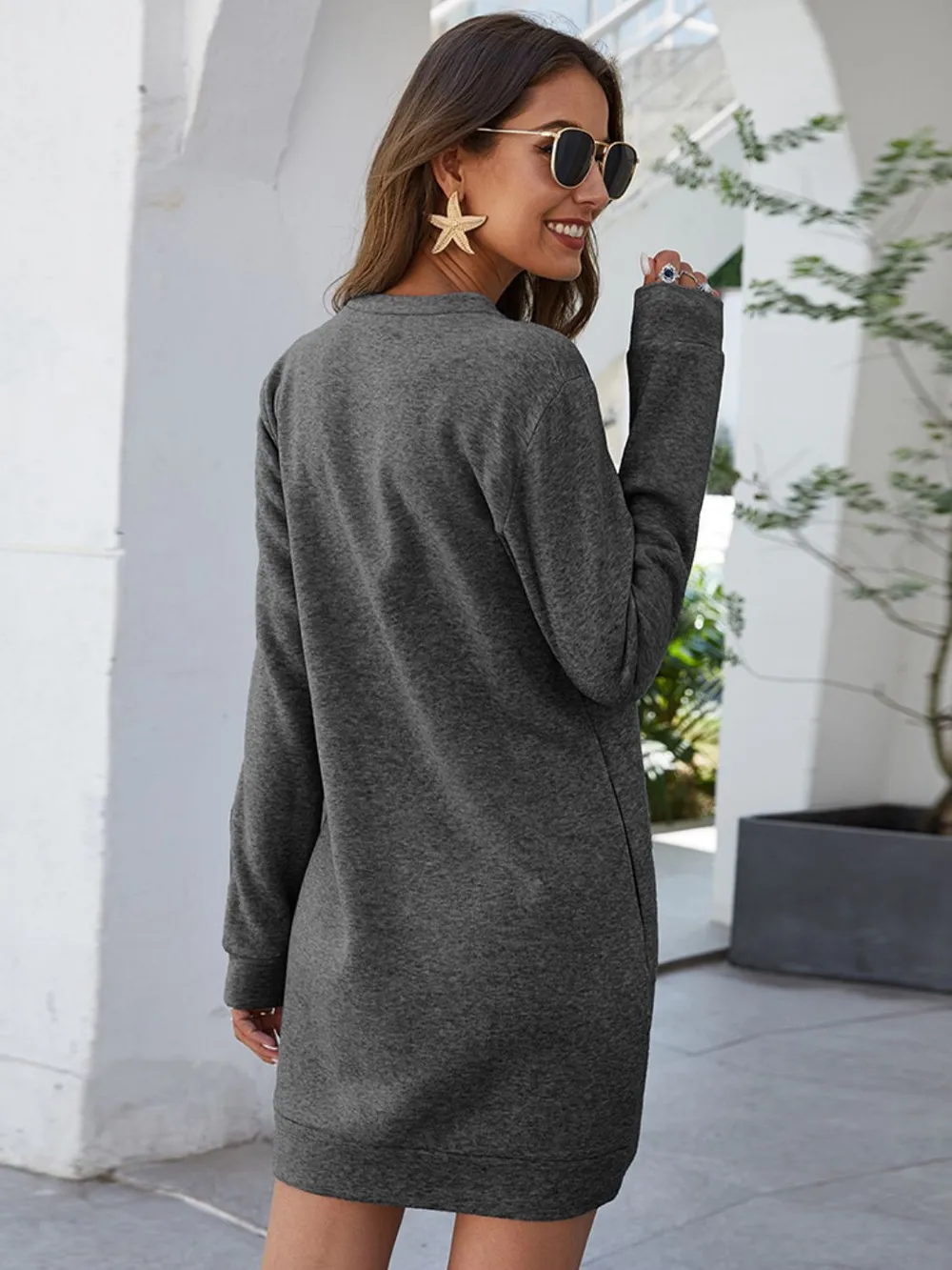 Round Neck Long Sleeve Mini Dress with Pockets, image 9
