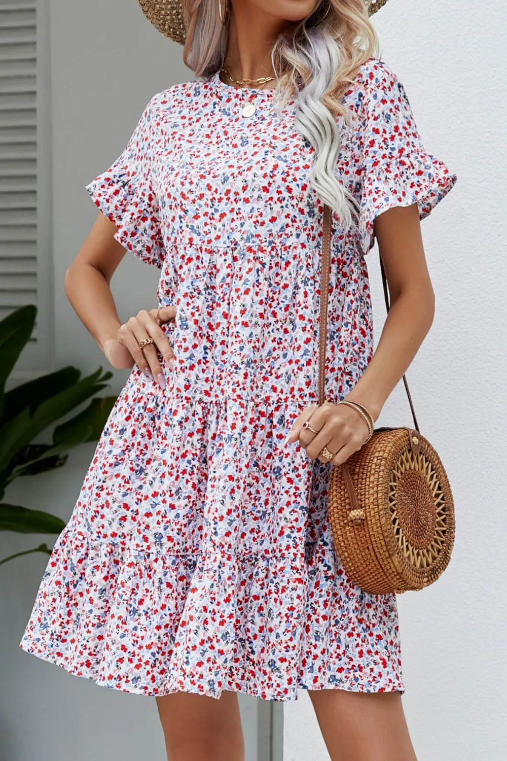 Ditsy Floral Flounce Sleeve Tiered Dress, image 4