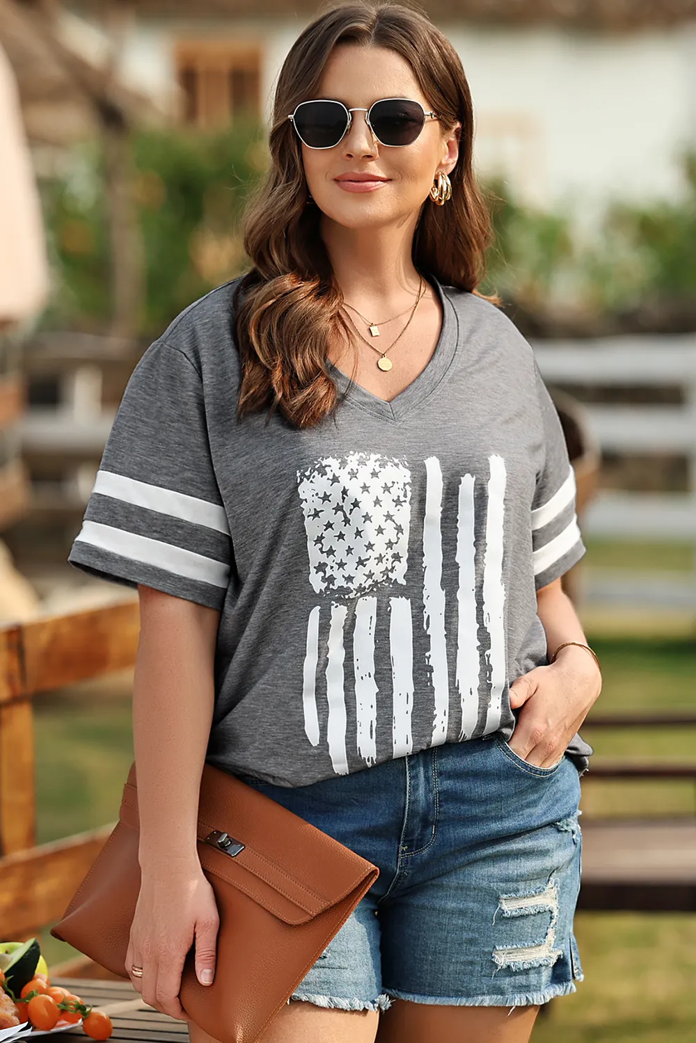 Plus Size US Flag Graphic V-Neck Tee, image 4