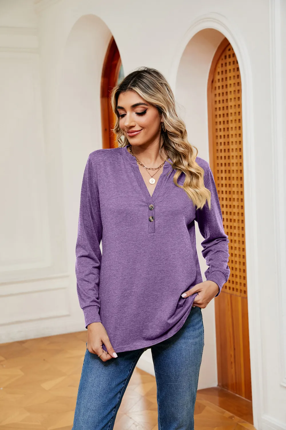 Buttoned Notched Neck Long Sleeve Top, image 27