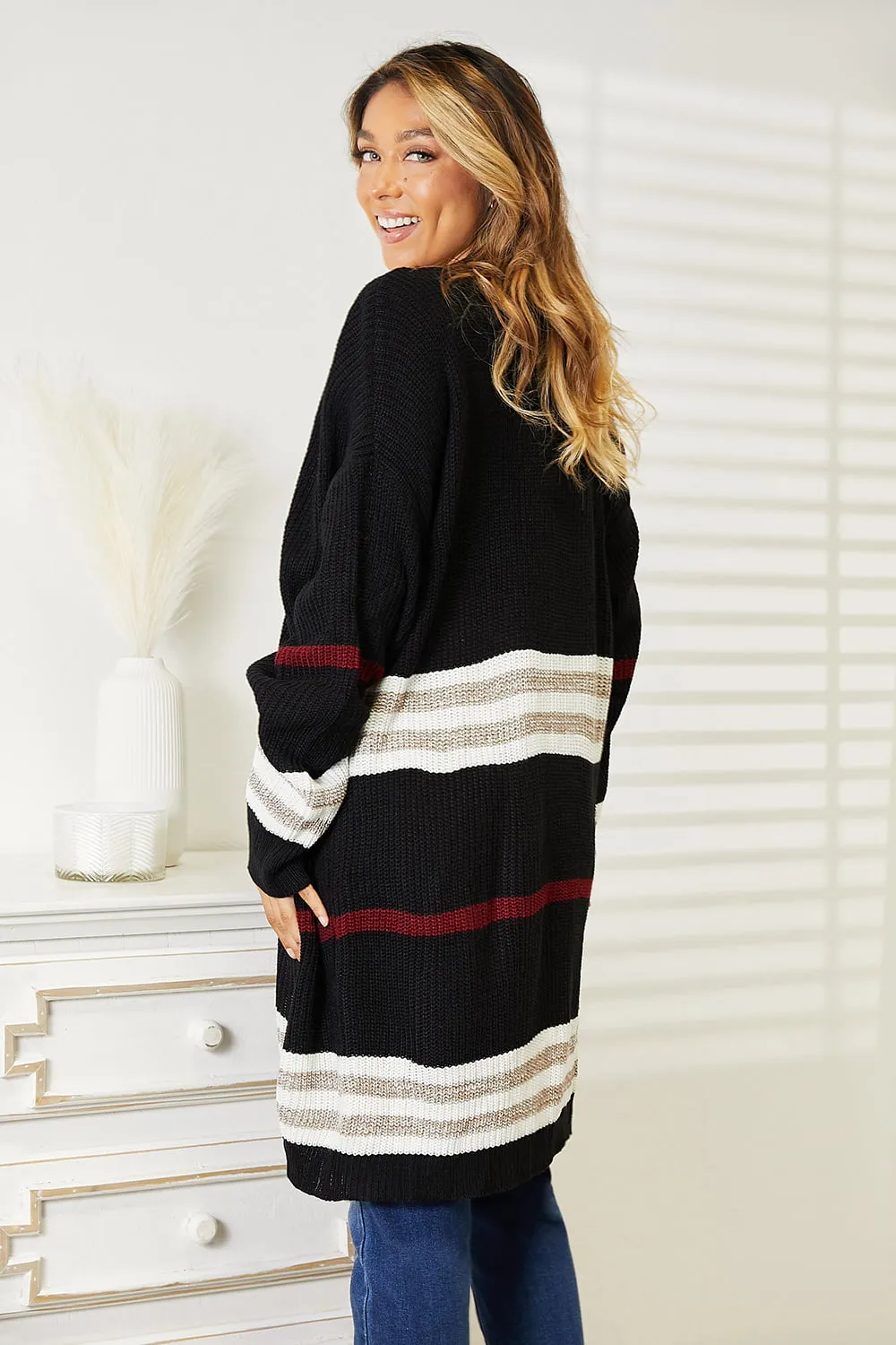 Striped Rib-Knit Drop Shoulder Open Front Cardigan, image 3