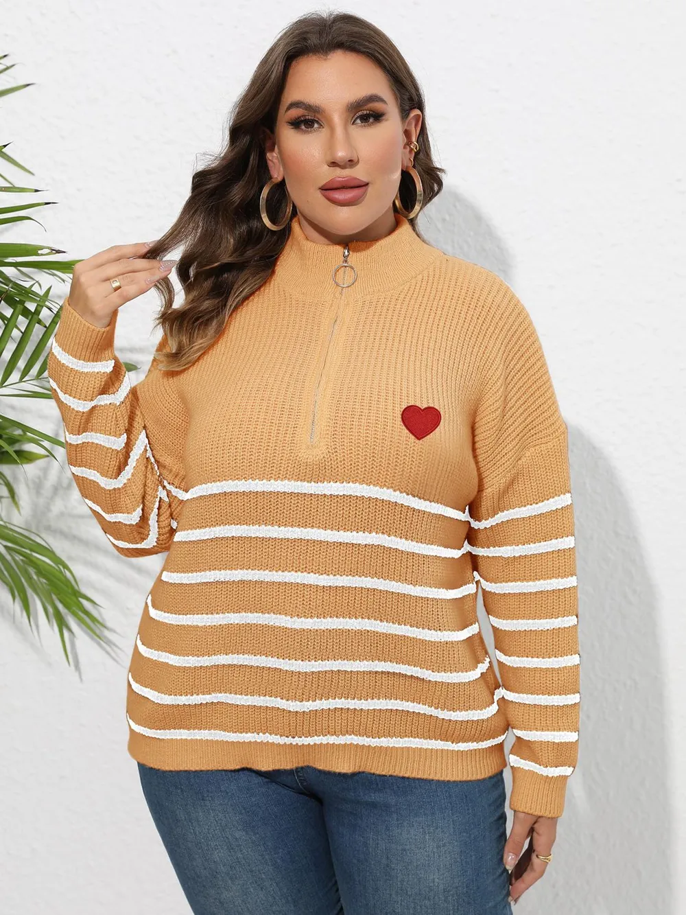Plus Size Zip-Up Striped Sweater, image 2
