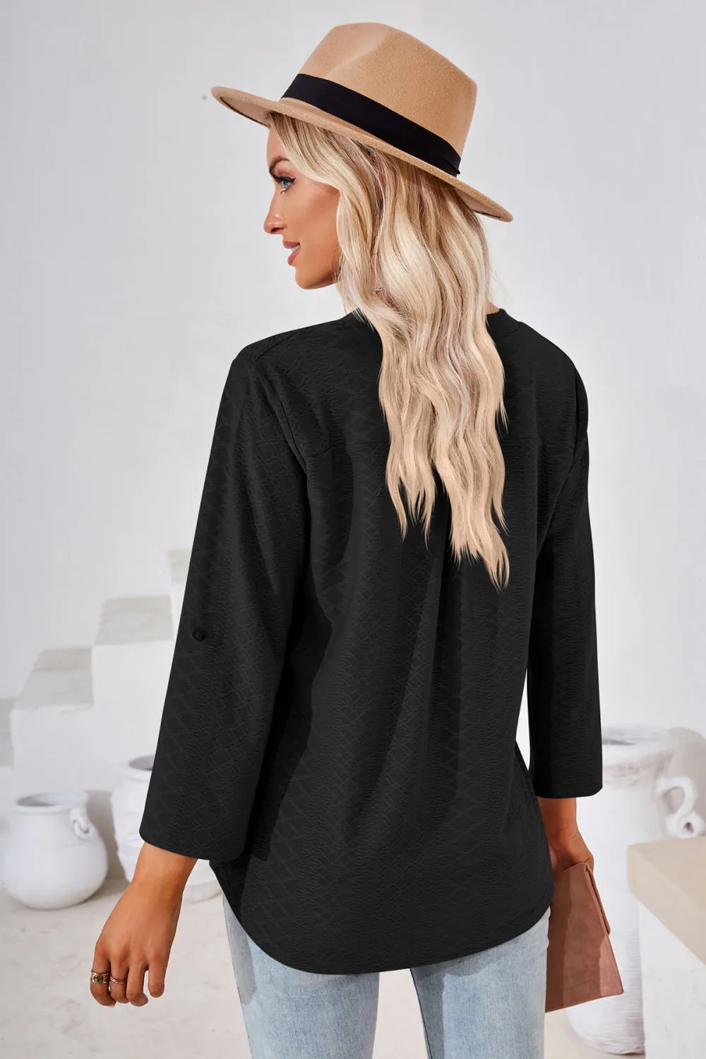V-Neck Roll-Tap Sleeve Blouse, image 5