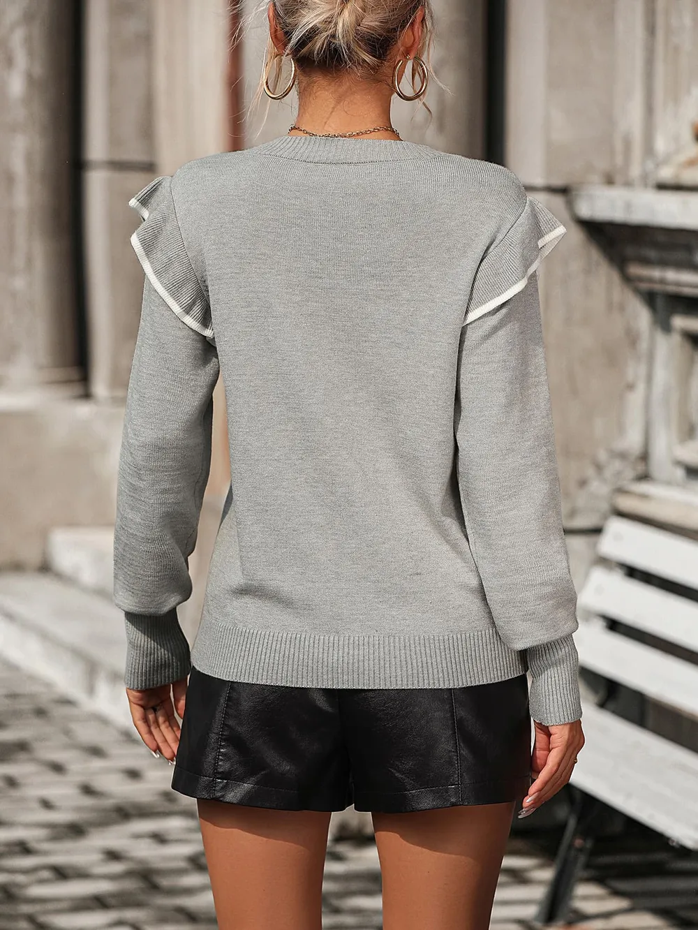 Round Neck Ruffle Trim Long Sleeve Pullover Sweater, image 7
