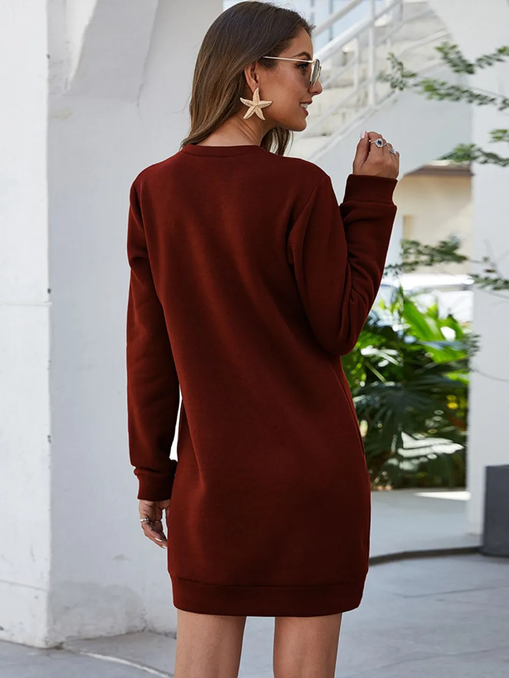 Round Neck Long Sleeve Mini Dress with Pockets, image 12