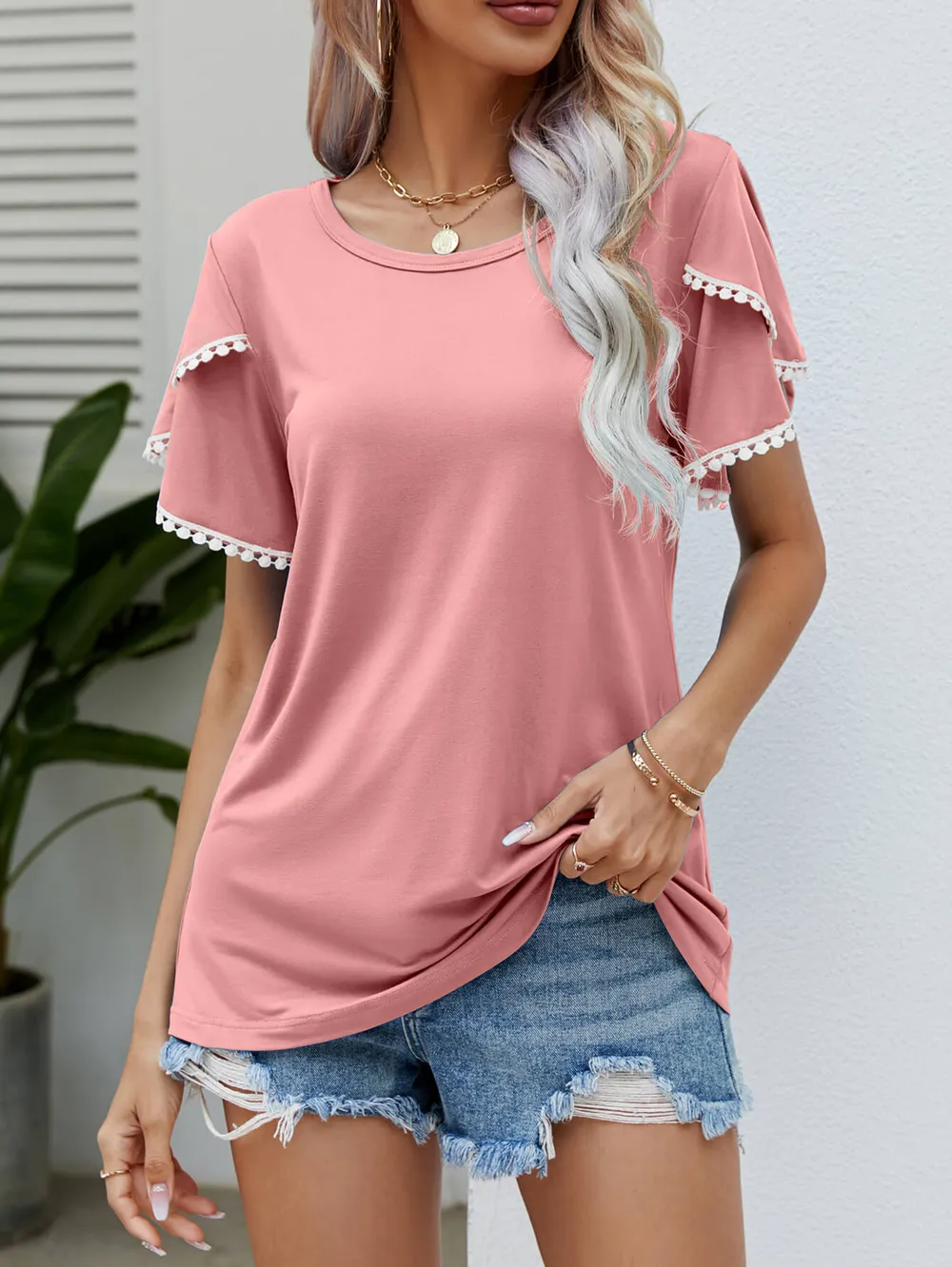 Pom-Pom Trim Flutter Sleeve Round Neck Tee, image 17