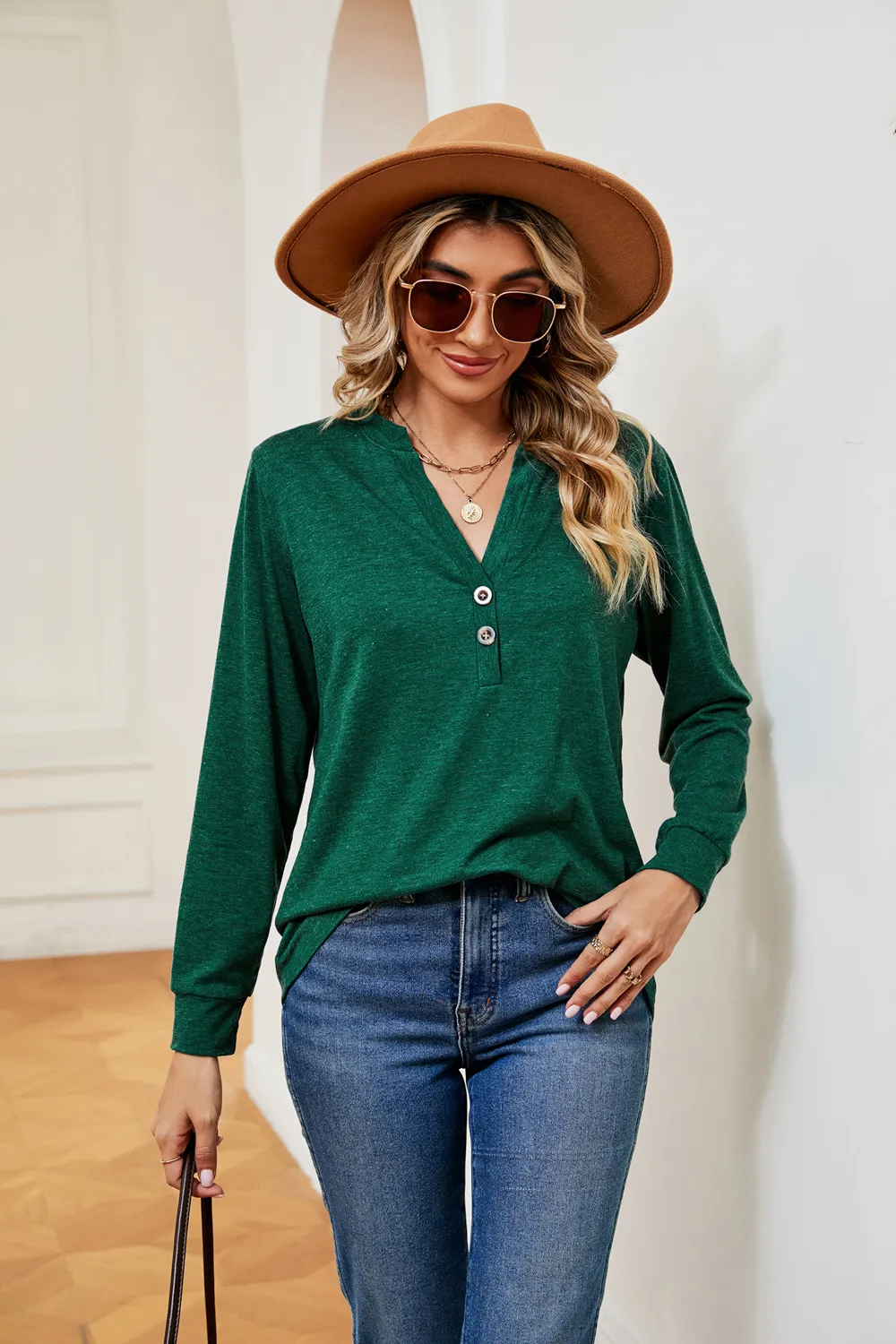 Buttoned Notched Neck Long Sleeve Top, image 21