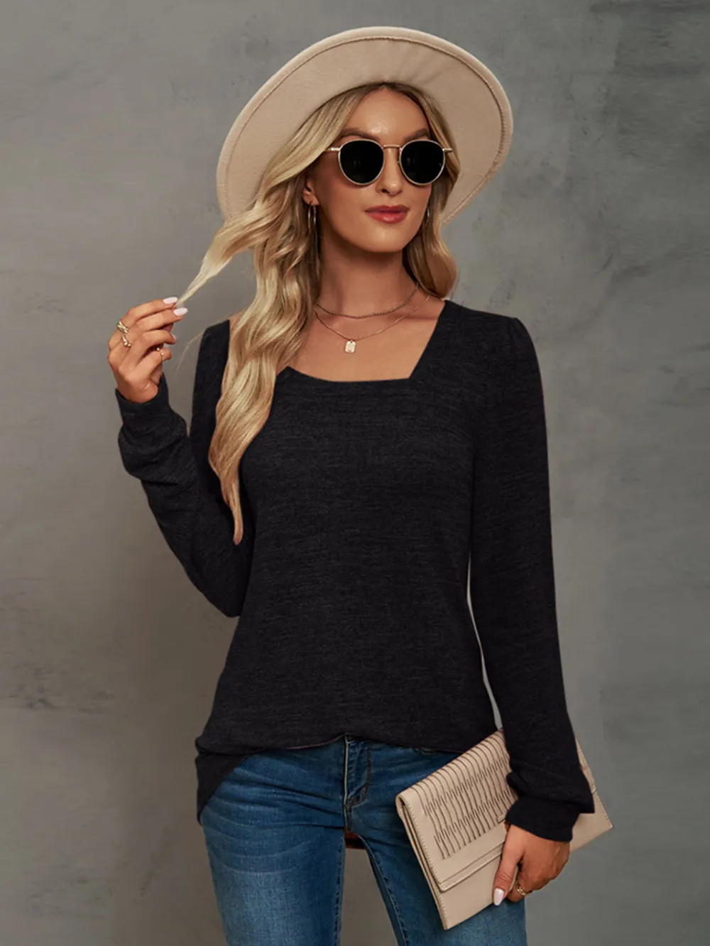 Heathered Square Neck Long Sleeve T-Shirt, image 11