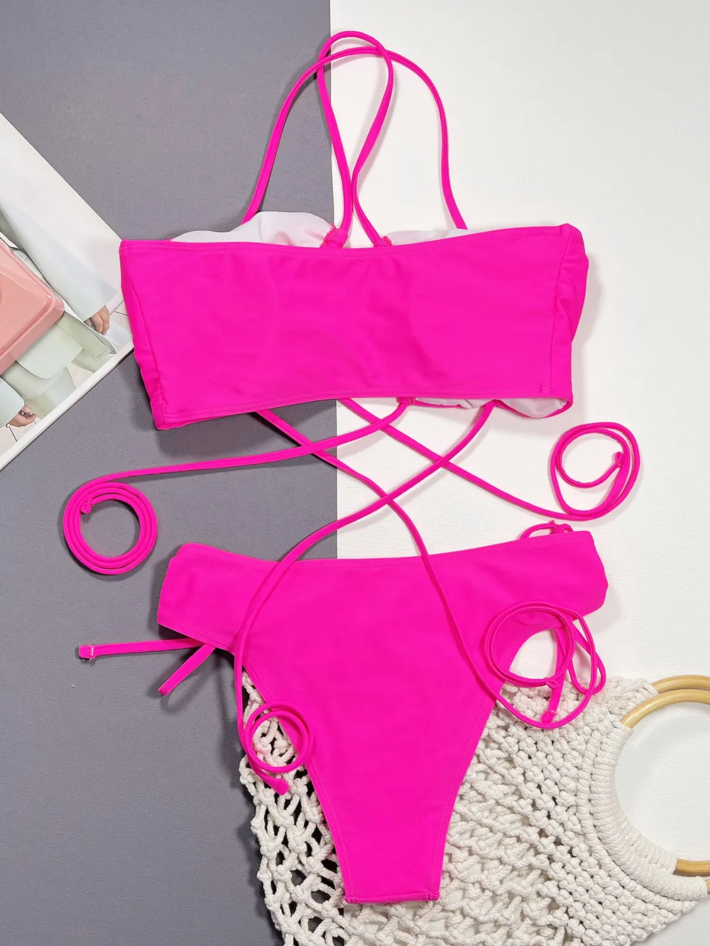 Halter Neck Drawstring Detail Bikini Set, image 2