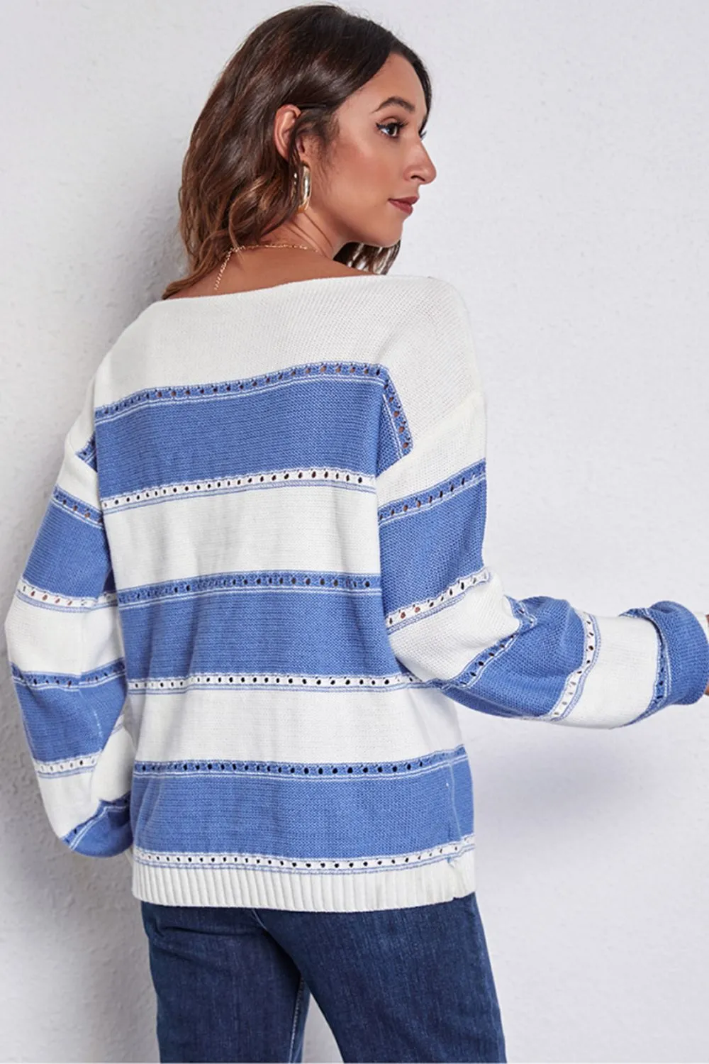 Striped Boat Neck Dropped Shoulder Sweater, image 12