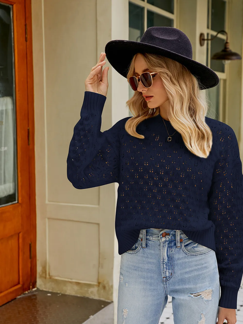 Openwork Round Neck Sweater, image 4