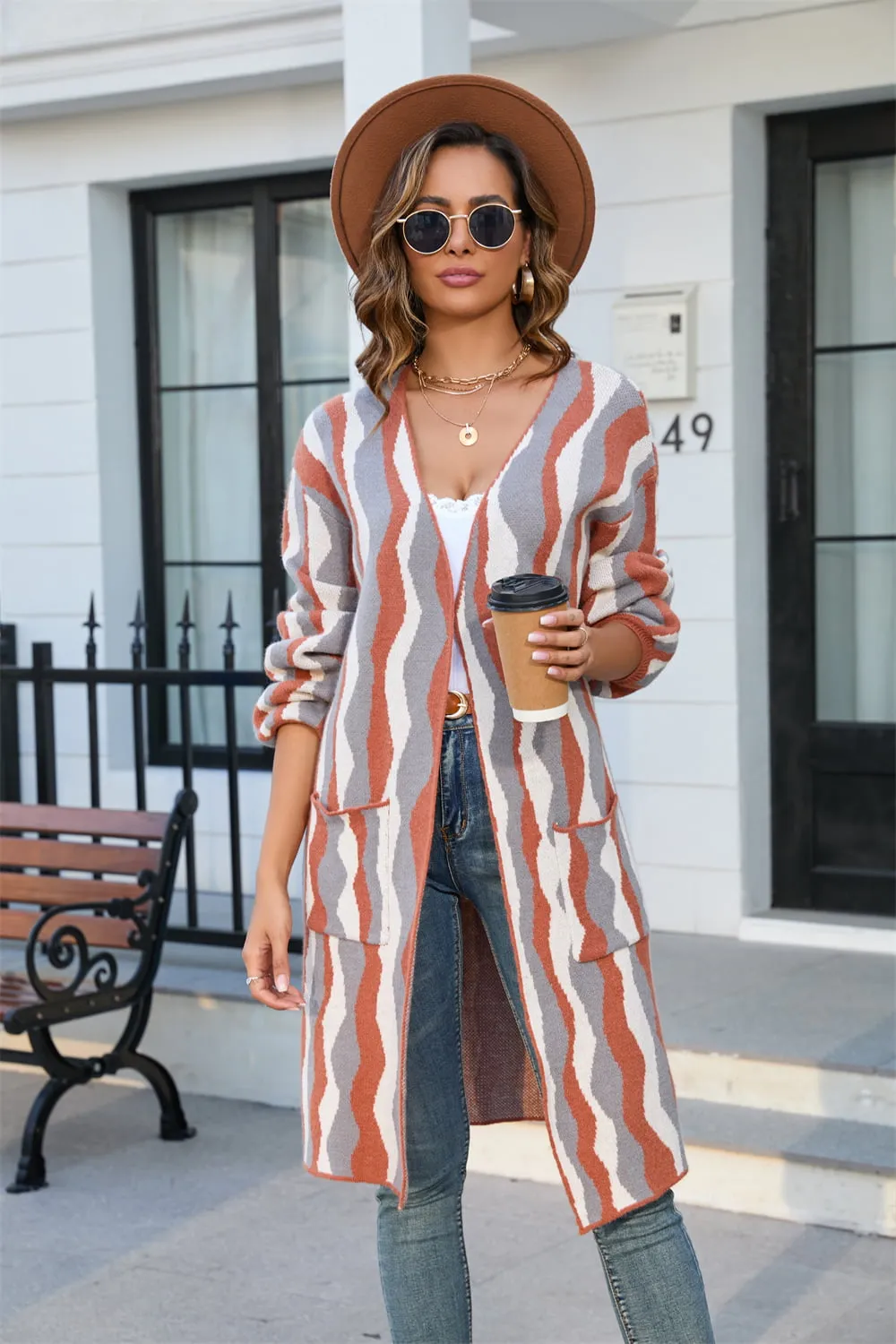 Printed Open Front Pocketed Cardigan, image 7