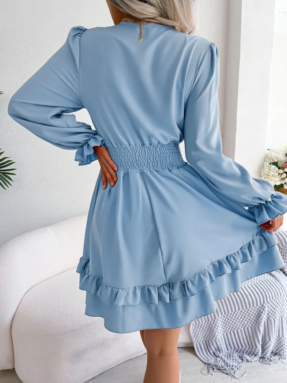 Tie Front Smocked Waist Flounce Sleeve Dress, image 8