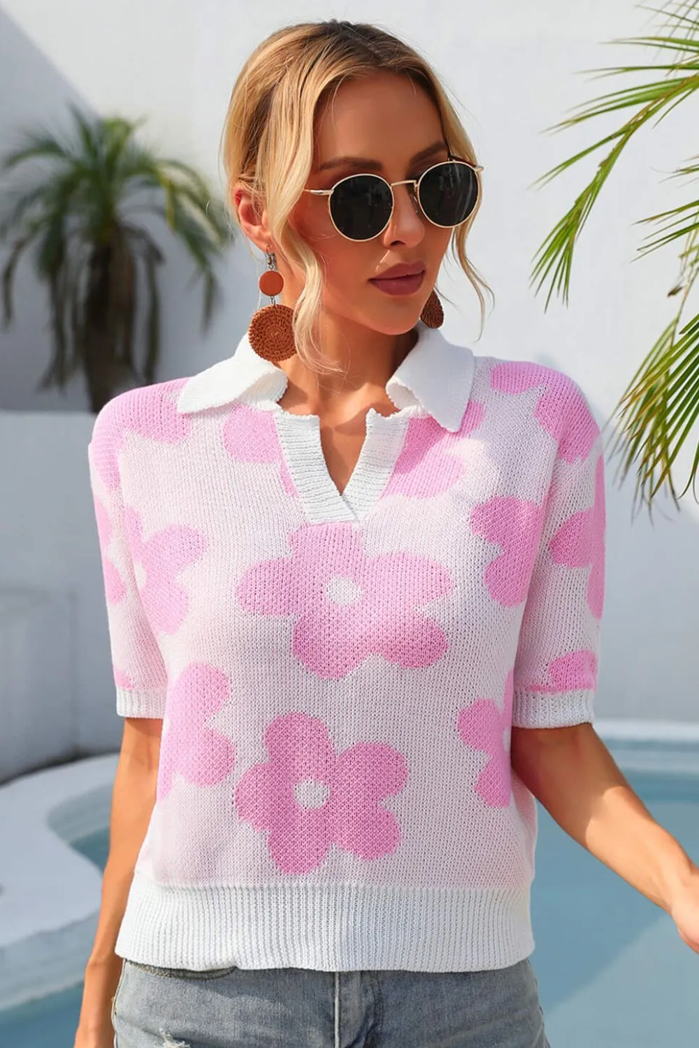 Floral Johnny Collar Half Sleeve Knit Top, image 7