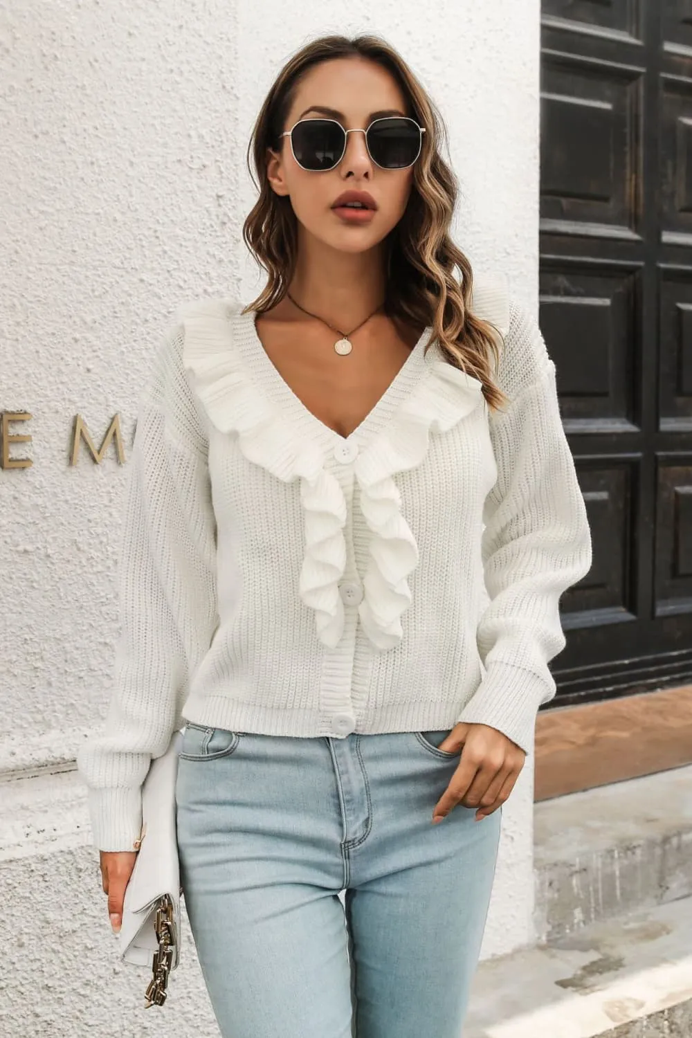 Ruffle Trim Button-Down Dropped Shoulder Sweater, image 5