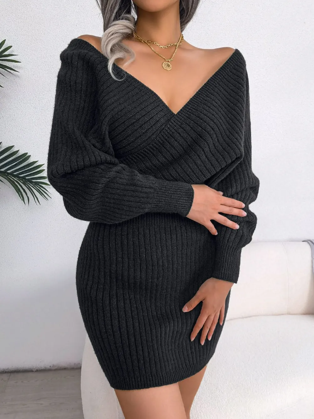 Rib-Knit Dolman Sleeve Sweater Dress, image 16