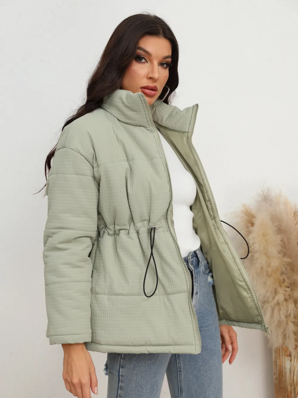 Drawstring Waist Zip-Up Puffer Jacket, image 3