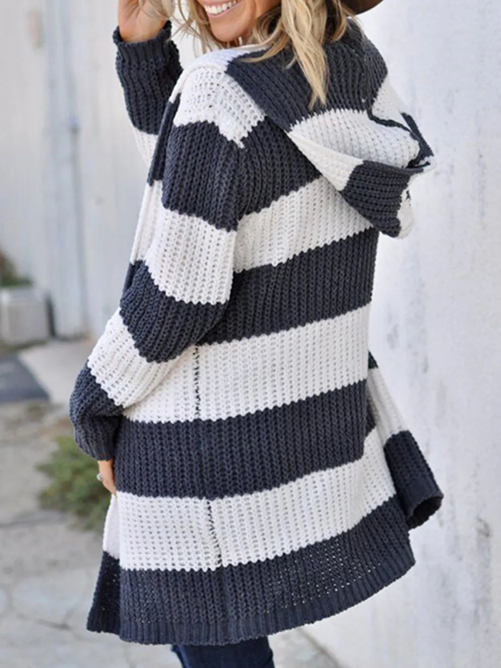 Striped Open Front Hooded Cardigan, image 2
