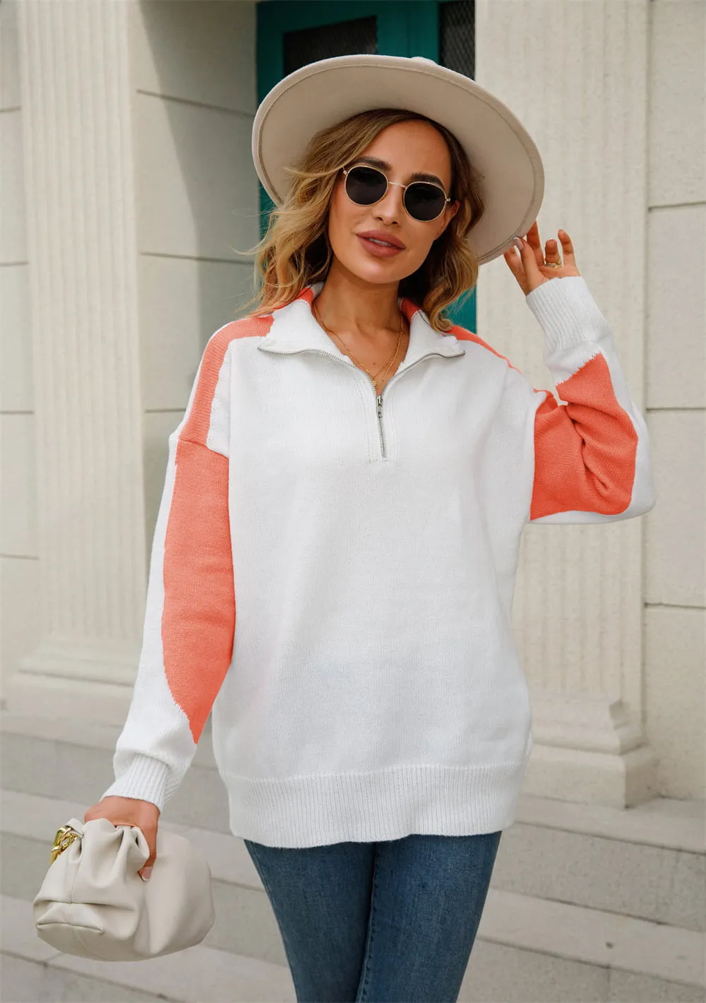 Two-Tone Collared Neck Dropped Shoulder Knit Top, image 9