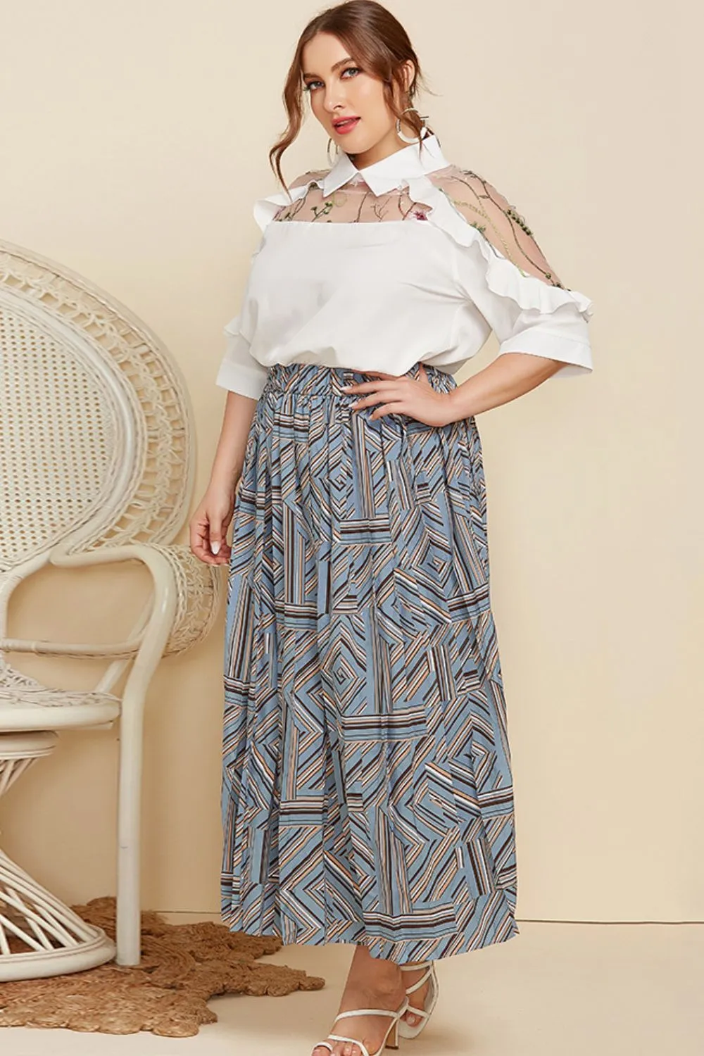 Plus Size Embroidered Ruffle Trim Collared Half Sleeve Blouse, image 3