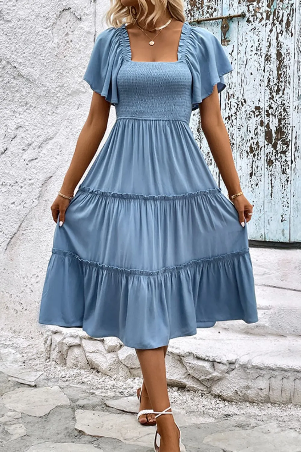 Smocked Square Neck Frill Trim Dress, image 2