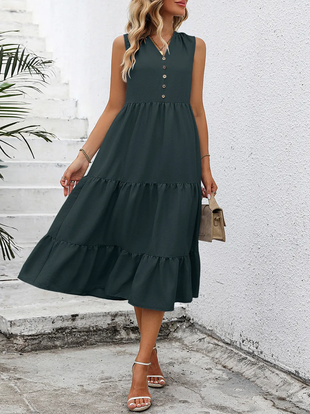V-Neck Sleeveless Tiered Dress, image 3