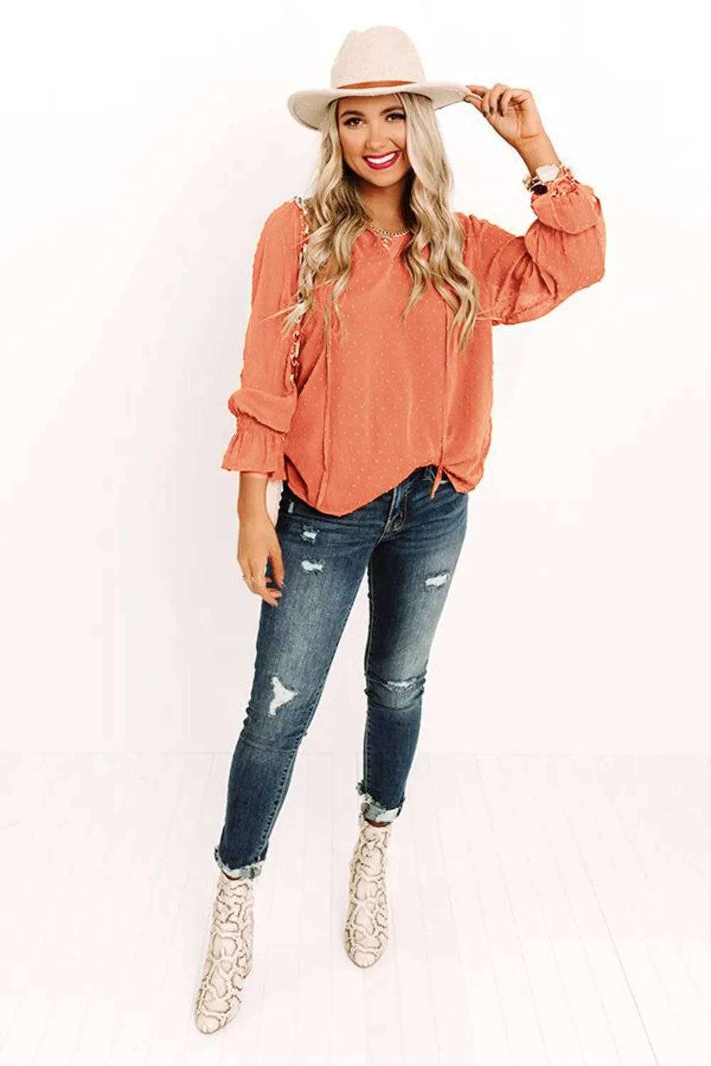 Swiss Dot Tie Neck Flounce Sleeve Blouse, image 9
