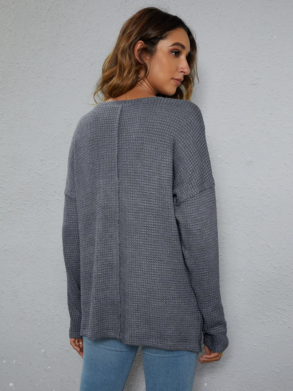 Dropped Shoulder High-Low Waffle-Knit Top, image 3