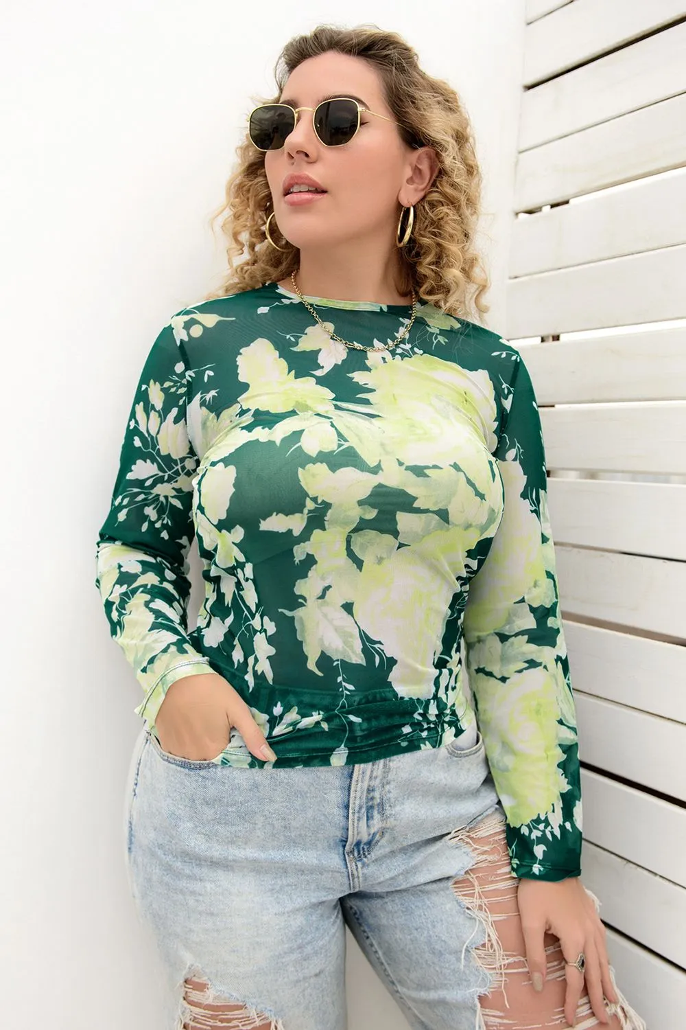 Plus Size Printed Round Neck Long Sleeve Blouse, image 4