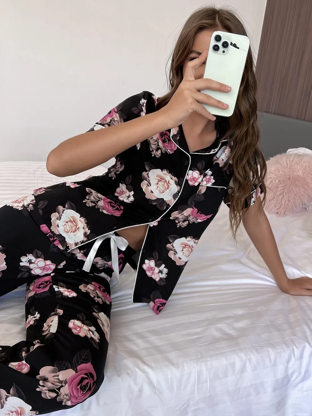 Floral Short Sleeve Shirt and Pants Lounge Set, image 6