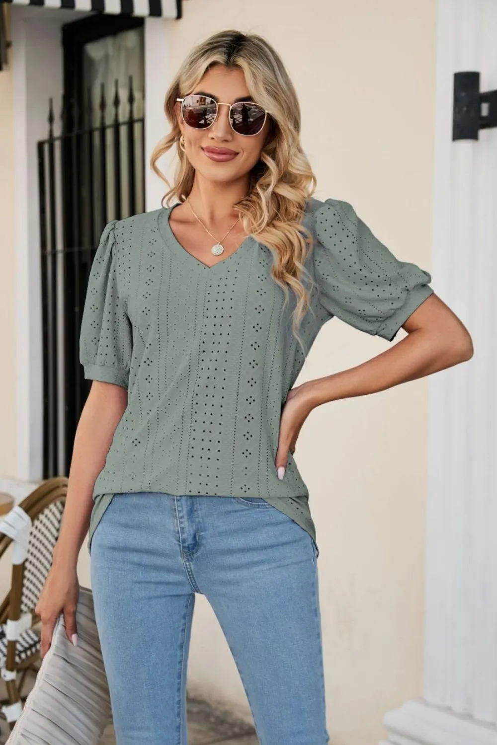 Eyelet Puff Sleeve V-Neck Top, image 17