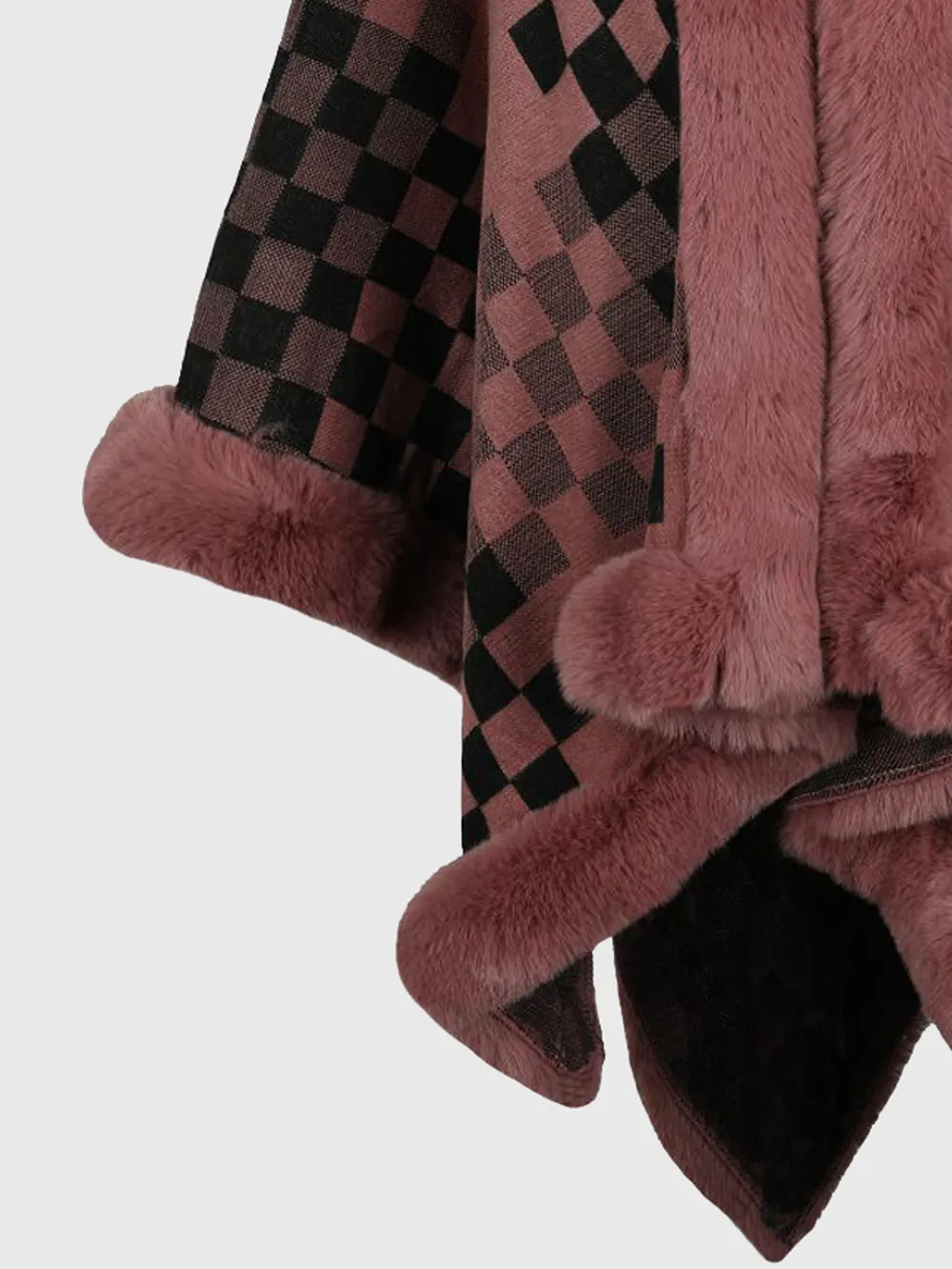 Checkered Faux Fur Trim Poncho, image 10