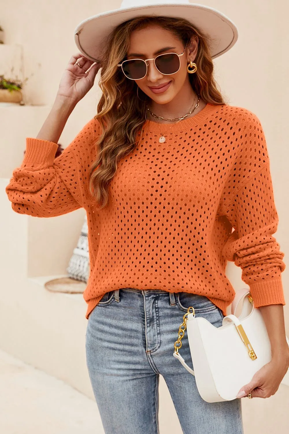 Round Neck Openwork Dropped Shoulder Knit Top, image 14