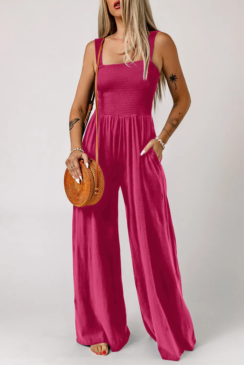 Smocked Square Neck Wide Leg Jumpsuit with Pockets, image 11