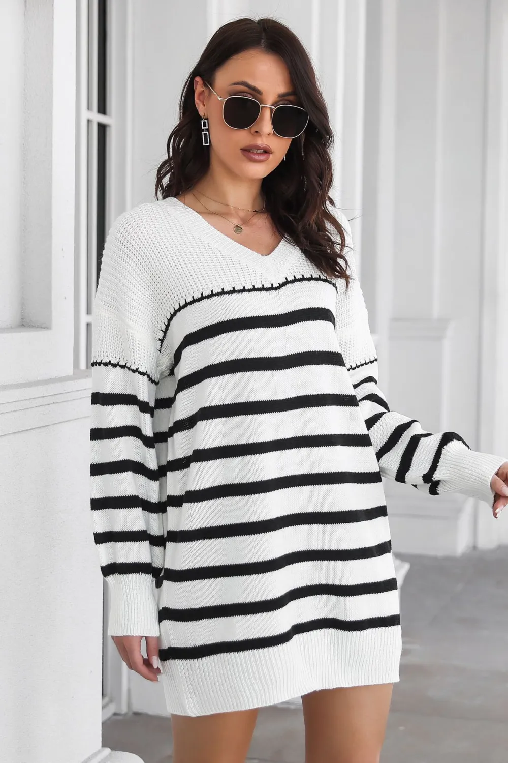 Striped V-Neck Drop Shulder Sweater Dress, image 4