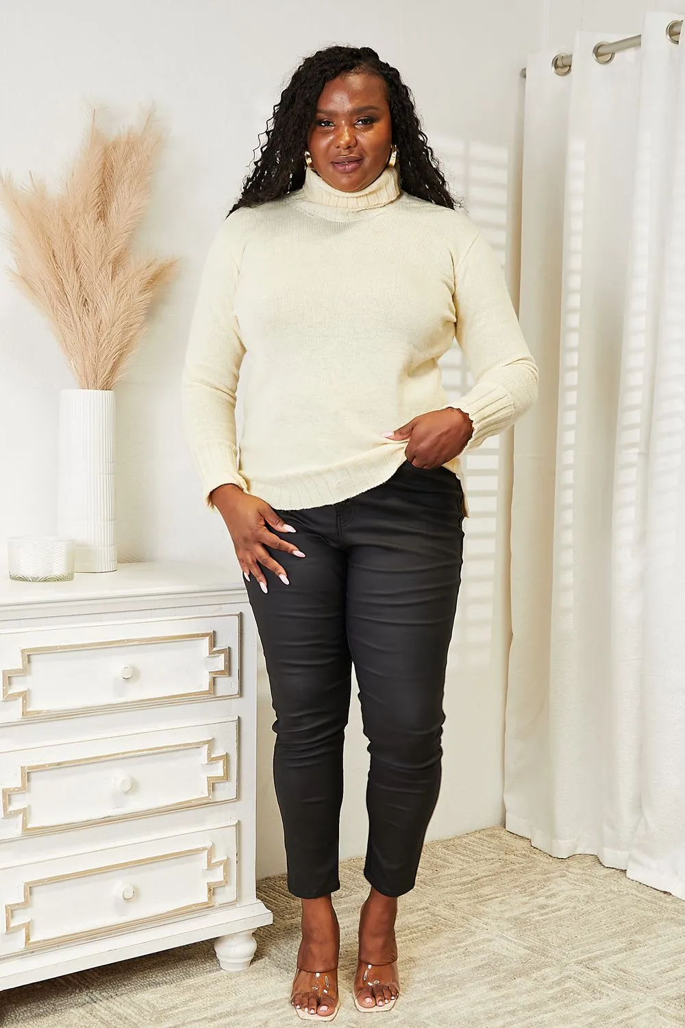 Full Size Long Sleeve Turtleneck Sweater with Side Slit, image 4
