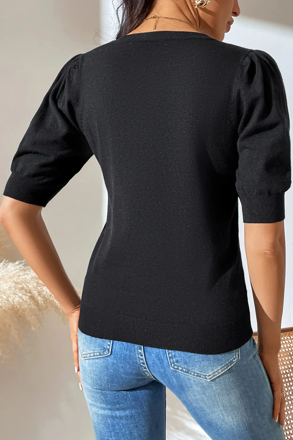 Round Neck Puff Sleeve Knit Top, image 10