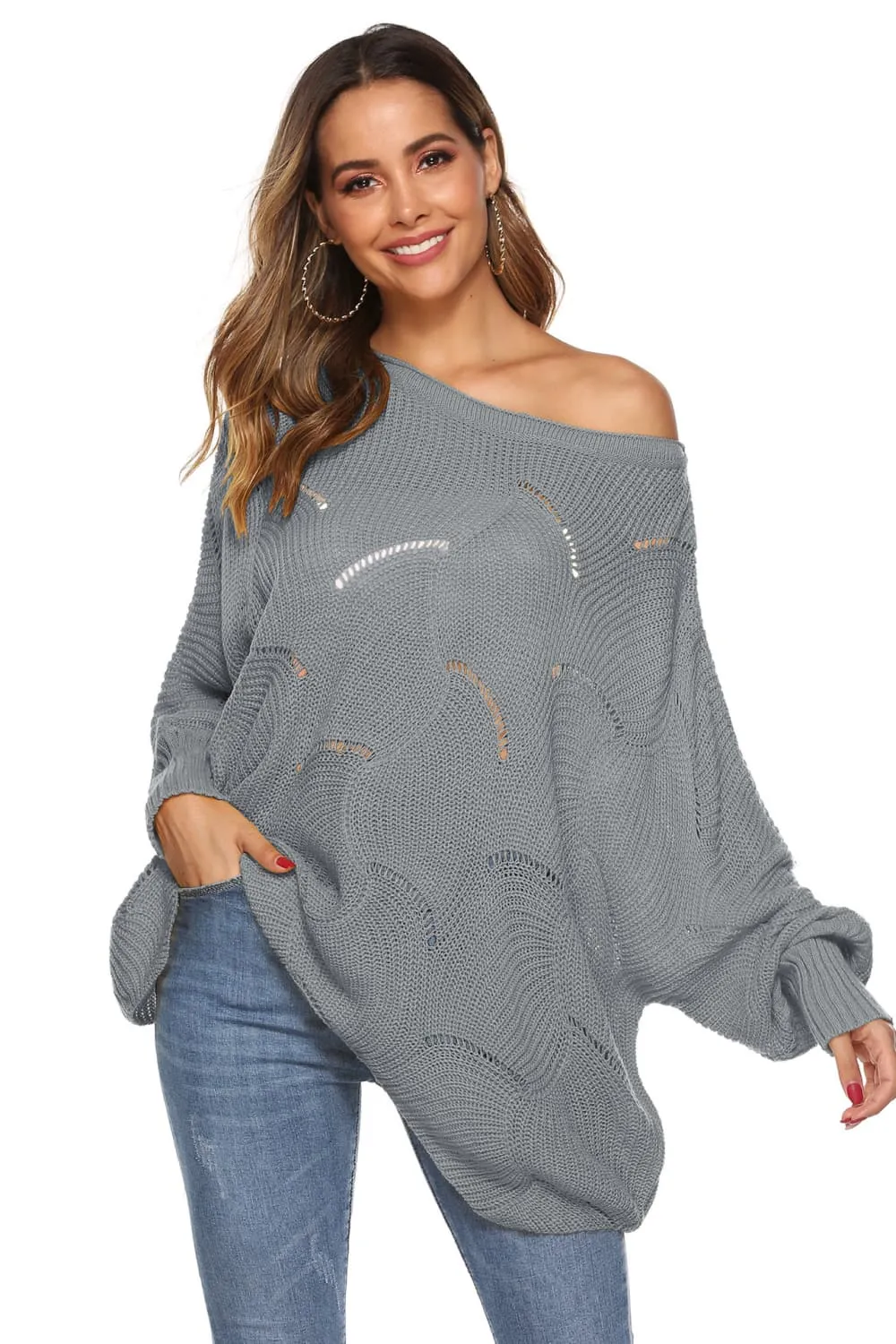 Round Neck Long Sleeve Openwork Sweater, image 4