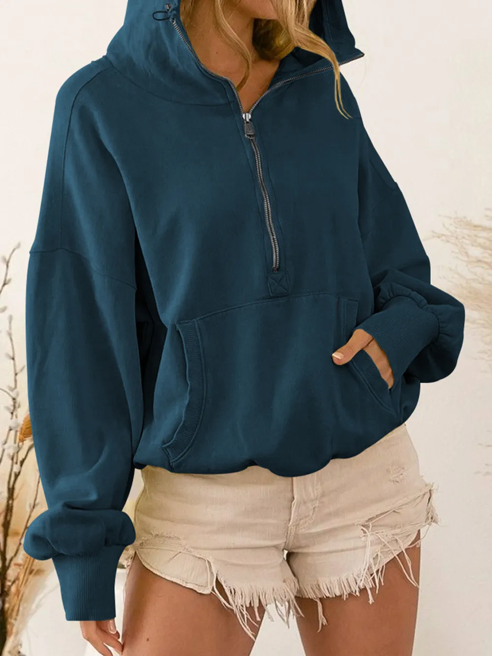 Zip-Up Dropped Shoulder Hoodie, image 2